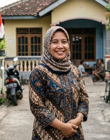Seorang wanita paruh baya tersenyum ramah memakai jilbab bermotif dan baju batik bercorak cokelat biru, berdiri di halaman depan rumahnya daerah Telukjambe. Di latar belakang terlihat sepeda motor terparkir dan teras rumah.
