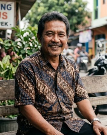 Seorang pria paruh baya berkumis tersenyum ramah memakai kemeja batik lengan pendek corak cokelat tua, sedang duduk santai di bangku kayu panjang luar ruangan dengan latar belakang jalanan Cikampek