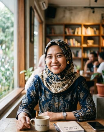 Seorang wanita muda berhijab motif batik biru tua dan cokelat tersenyum ramah ke arah kamera, duduk di sebuah kafe dekat jendela dengan secangkir kopi, buku catatan bermerek "Catatan Aminah", dan pulpen di atas meja kayu. Latar belakang memperlihatkan rak buku kayu dan suasana dalam ruangan yang hangat.