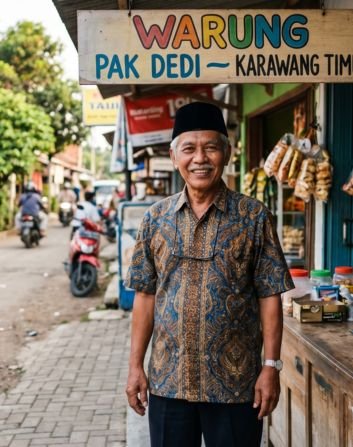 Seorang pria lansia tersenyum ramah memakai peci hitam dan kemeja batik, berdiri di depan warung kelontongnya yang bernama "Warung Pak Dedi - Karawang Timur". Di latar belakang terlihat suasana jalanan dan gantungan makanan ringan.