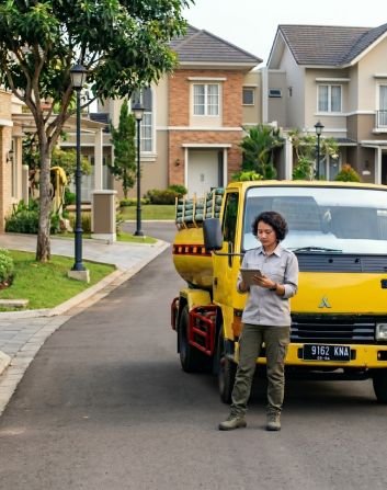 Administrasi digital jasa sedot WC perumahan Karawang dengan armada truk kuning Mitsubishi.